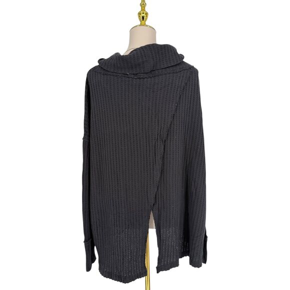 Free People Waffle Knit Long Sleeve Top MEDIUM Open Back Oversized Juicy Black - Picture 11 of 13